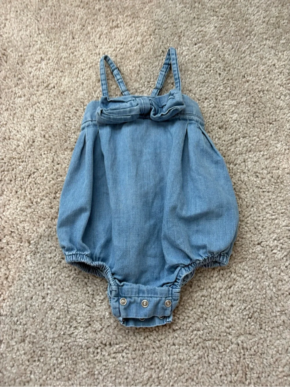 Ruffle Butts Light Blue Denim Bubble Romper with Bow